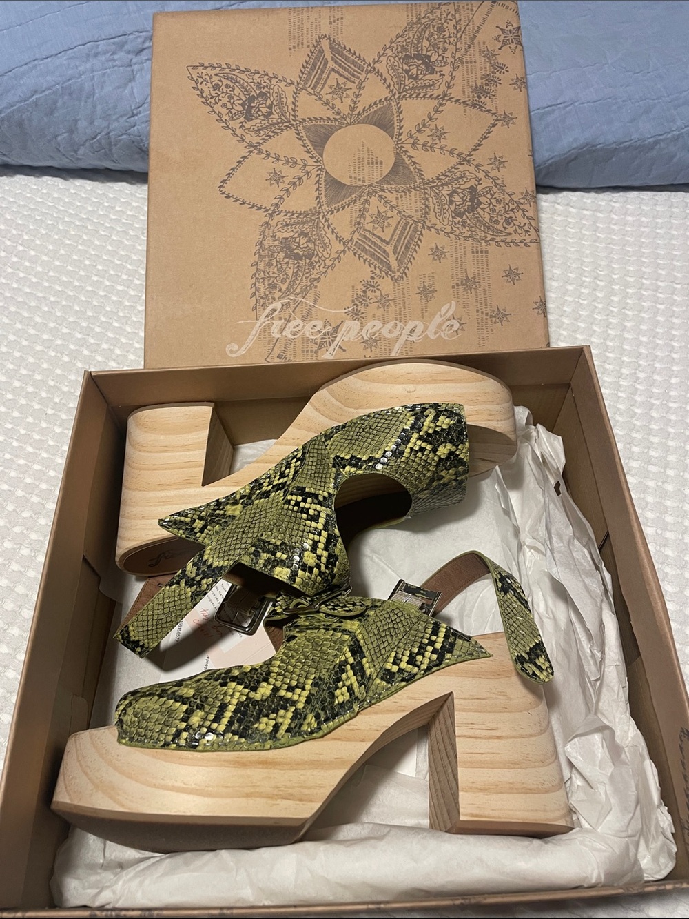 Free People Green Snake-Print Clog Heels